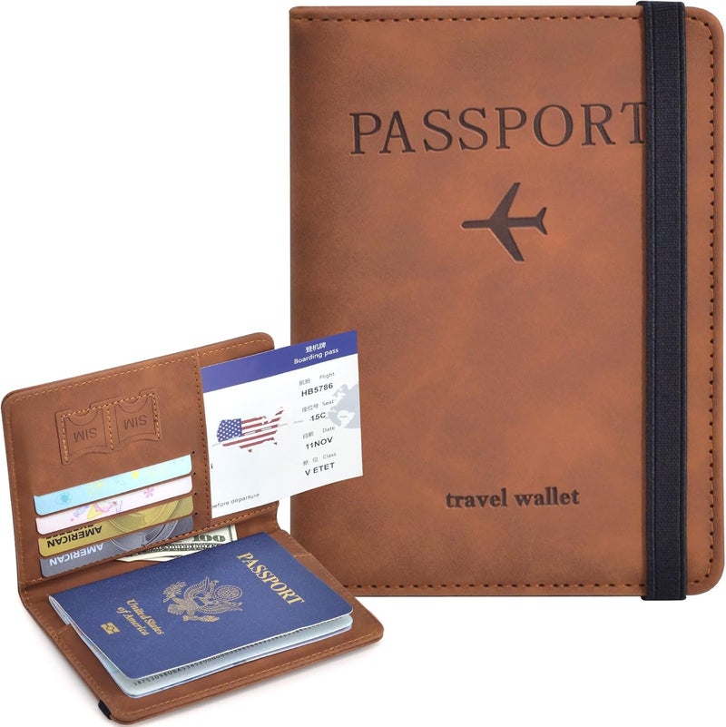 KAOBAN Passport Holder, Passport Cover with Credit Card Slot and Boarding Pass Slot Combo, Passport Wallet Case Book Travel Must Have, RFID Blocking Leather Travel Accessories, Brown - Image 2
